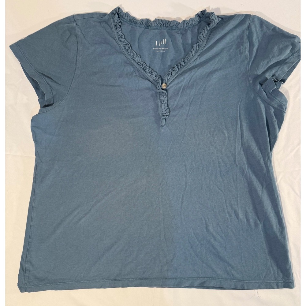 J. Jill Womens Short Sleeve Ruffle Tee Blue V-Neck Cotton Knit Top Size L